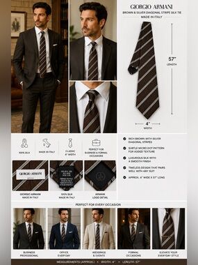 Giorgio Armani Brown Silver Diagonal Stripe Silk Tie Made in Italy 57" x 4"